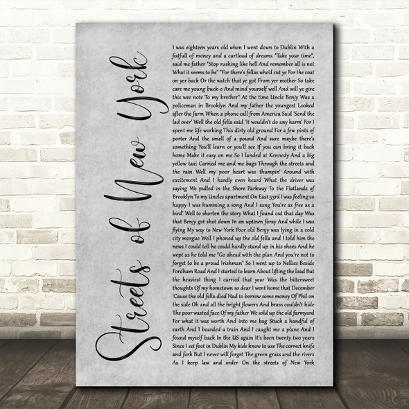 Ryan McMullan Streets of New York Grey Rustic Script Song Lyric Music Art Print