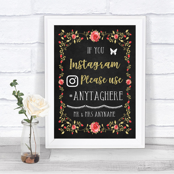 Chalk Style Blush Pink Rose & Gold Instagram Hashtag Personalized Wedding Sign