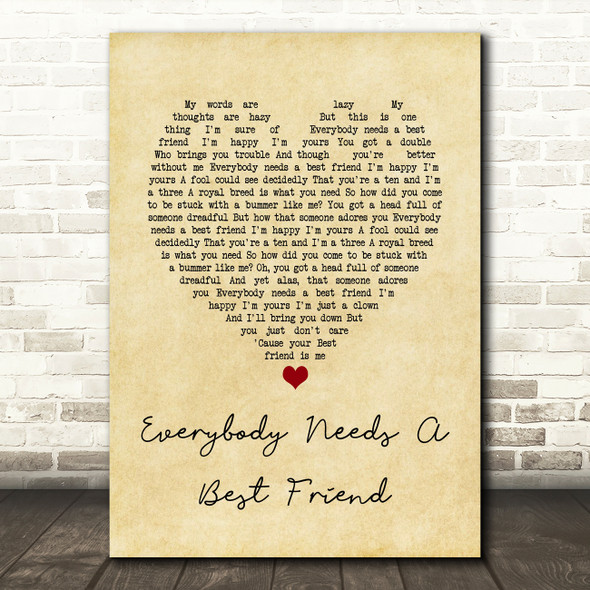 Norah Jones Everybody Needs A Best Friend Vintage Heart Song Lyric Music Art Print