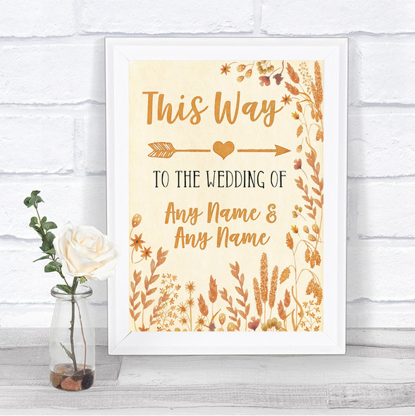 Autumn Leaves This Way Arrow Right Personalized Wedding Sign