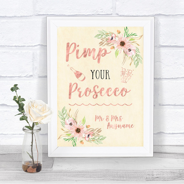 Blush Peach Floral Pimp Your Prosecco Personalized Wedding Sign