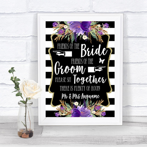 Black & White Stripes Purple Friends Of The Bride Groom Seating Wedding Sign