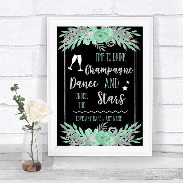 Black Mint Green & Silver Drink Champagne Dance Stars Personalized Wedding Sign