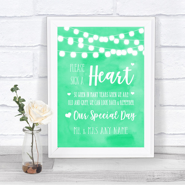 Mint Green Watercolour Lights Sign a Heart Personalized Wedding Sign
