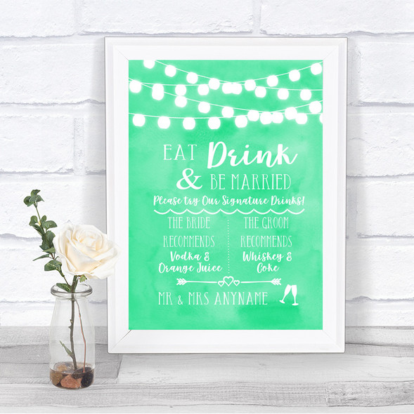 Mint Green Watercolour Lights Signature Favourite Drinks Wedding Sign