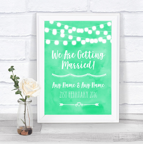 Mint Green Watercolour Lights We Are Getting Married Personalized Wedding Sign