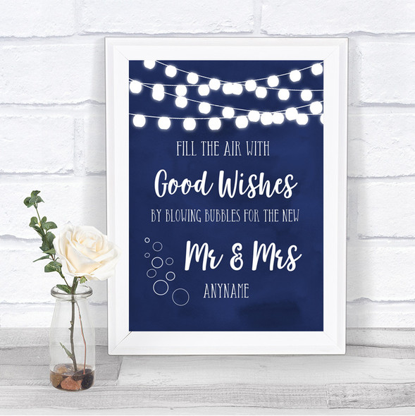 Navy Blue Watercolour Lights Blow Bubbles Personalized Wedding Sign