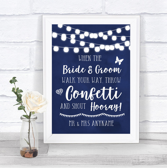 Navy Blue Watercolour Lights Confetti Personalized Wedding Sign