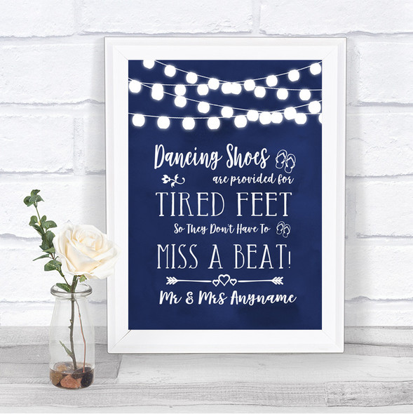 Navy Blue Watercolour Lights Dancing Shoes Flip-Flop Tired Feet Wedding Sign