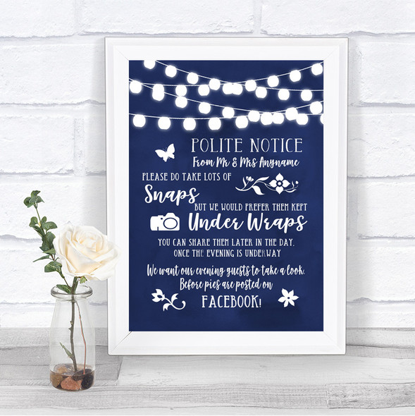 Navy Blue Watercolour Lights Don't Post Photos Facebook Wedding Sign