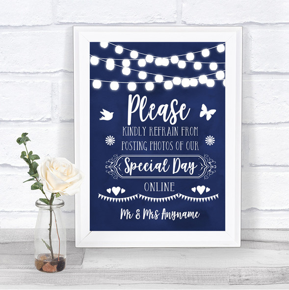 Navy Blue Watercolour Lights Don't Post Photos Online Social Media Wedding Sign