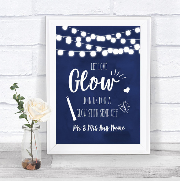 Navy Blue Watercolour Lights Let Love Glow Glowstick Personalized Wedding Sign