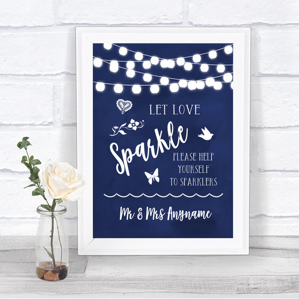 Navy Blue Watercolour Lights Let Love Sparkle Sparkler Send Off Wedding Sign