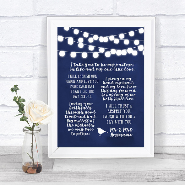 Navy Blue Watercolour Lights Romantic Vows Personalized Wedding Sign