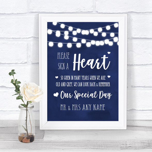 Navy Blue Watercolour Lights Sign a Heart Personalized Wedding Sign