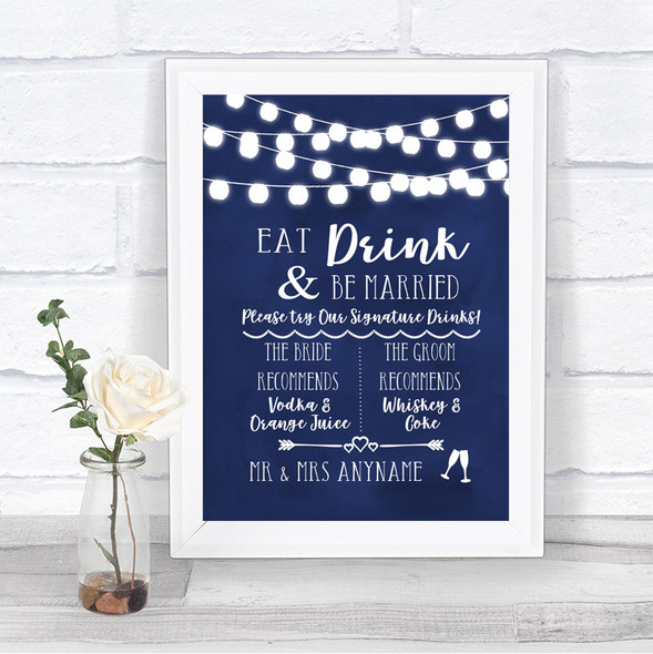 Navy Blue Watercolour Lights Signature Favourite Drinks Wedding Sign