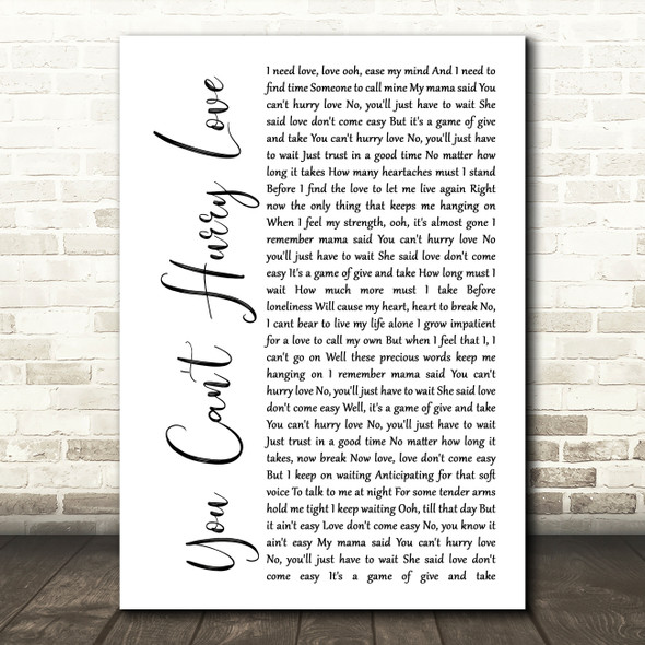 Phil Collins You Can't Hurry Love White Script Song Lyric Music Art Print