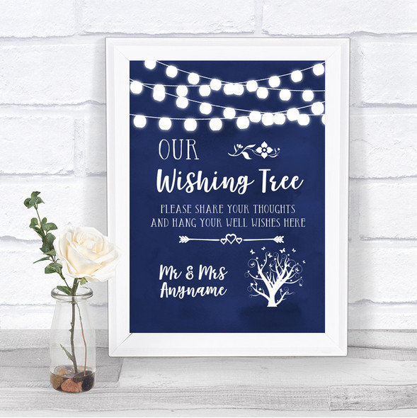 Navy Blue Watercolour Lights Wishing Tree Personalized Wedding Sign