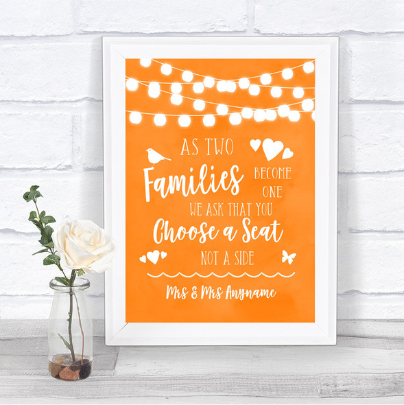 Orange Watercolour Lights As Families Become One Seating Plan Wedding Sign