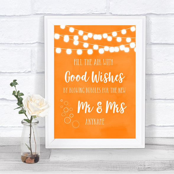 Orange Watercolour Lights Blow Bubbles Personalized Wedding Sign