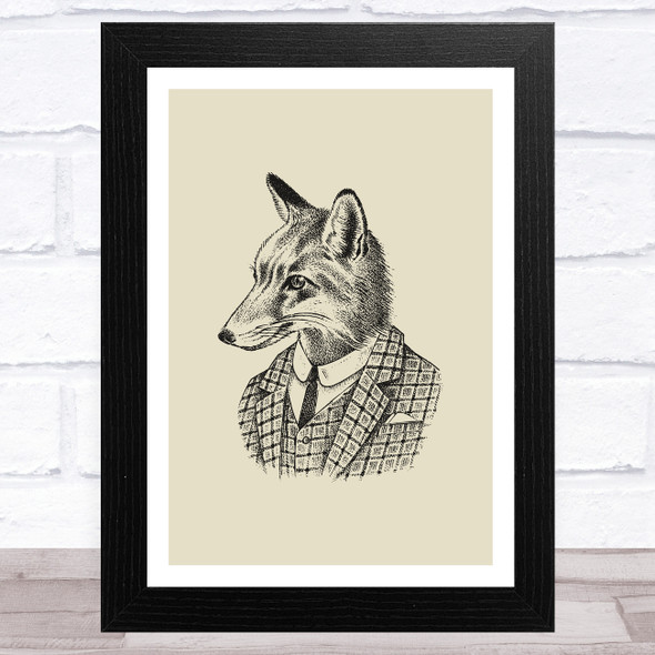 Vintage Black Fox In Suit Illustration On Olive Green Home Wall Art Print