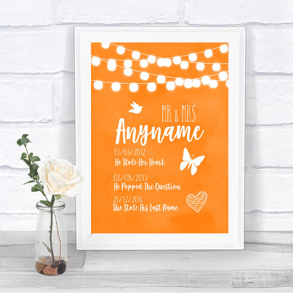 Orange Watercolour Lights Important Special Dates Personalized Wedding Sign