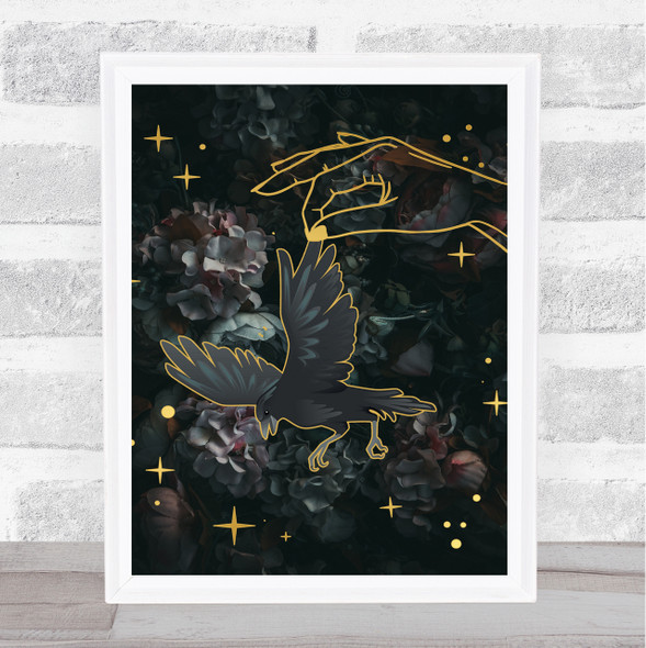 Hand Holding Raven Gold Gothic Home Wall Art Print