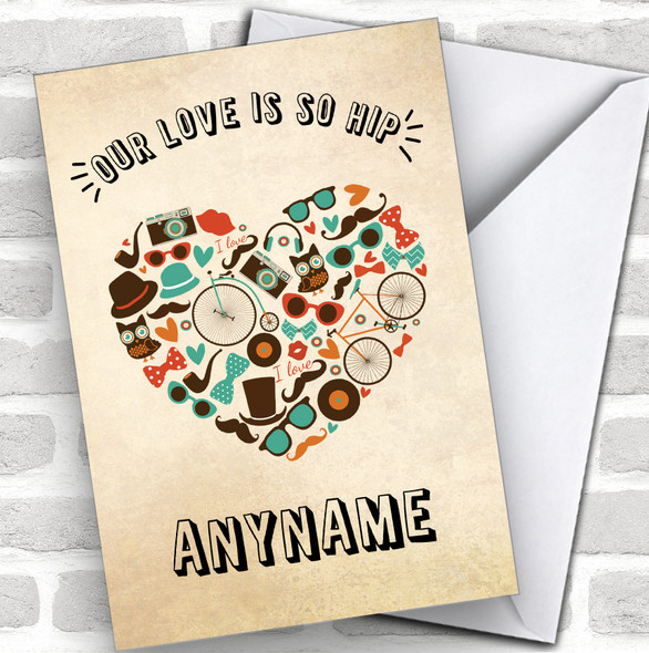 Our Love Is So Hip Cool Hipster Heart Personalized Valentine's Day Card