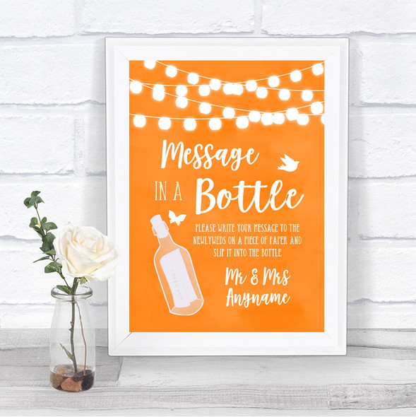 Orange Watercolour Lights Message In A Bottle Personalized Wedding Sign