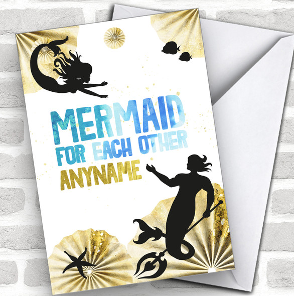 Mermaid For Each Other Gold & Blue Personalized Valentine's Day Card