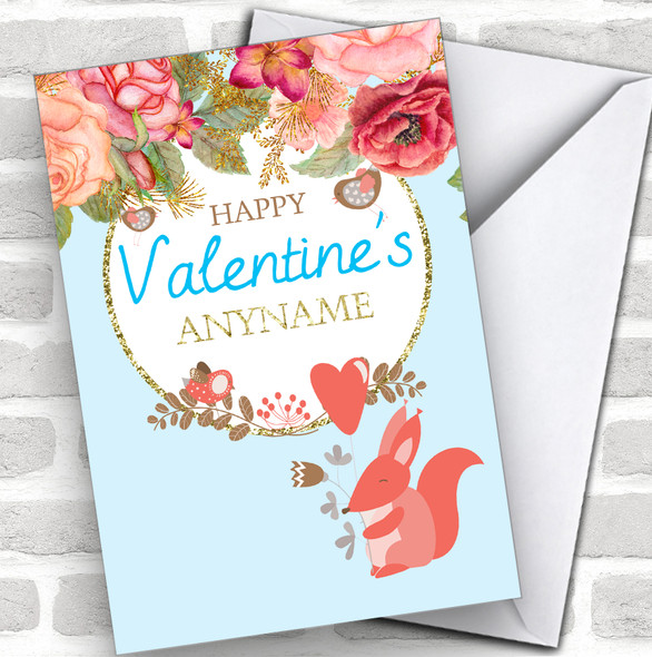 Blue Flowers & Squirrel Personalized Valentine's Day Card