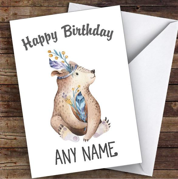 Dainty Watercolor Bear Personalized Birthday Greetings Card