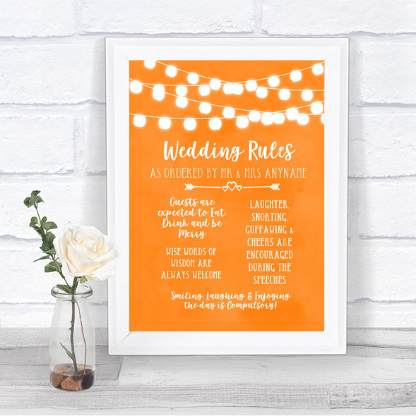 Orange Watercolour Lights Rules Of The Wedding Personalized Wedding Sign