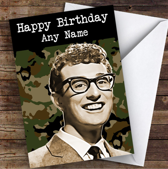 Buddy Holly Camo Celebrity Personalized Birthday Card