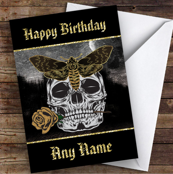 Moth On Skull Holding Rose Gothic Personalized Birthday Card