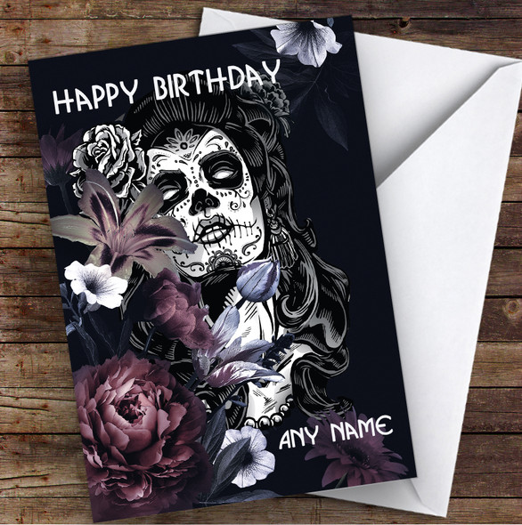 Sugar White Skull Flowers Gothic Personalized Birthday Card