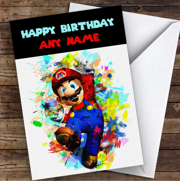 Super Mario Bros Watercolor Splatter Children's Kids Personalized Birthday Card