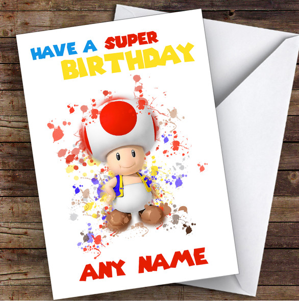 Toad Super Mario Bros Splatter Art Children's Kids Personalized Birthday Card