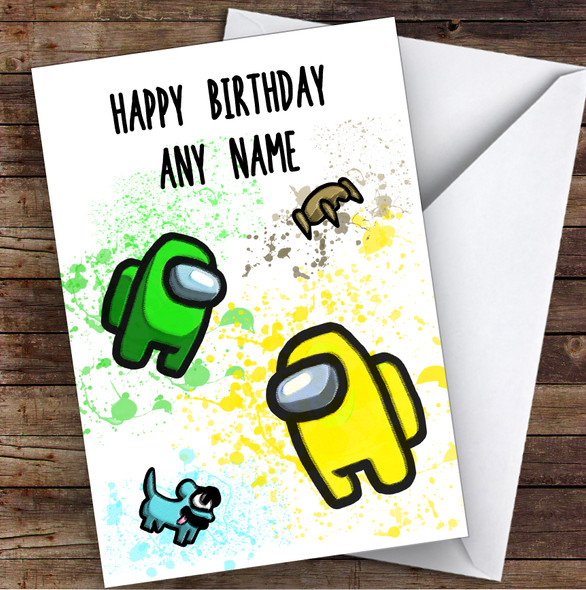 Among Us Yellow Green & Pets Splatter Art Children's Kids Birthday Card