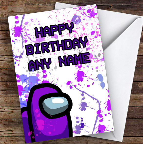 Among Us Purple Splatter Art Children's Kids Personalized Birthday Card