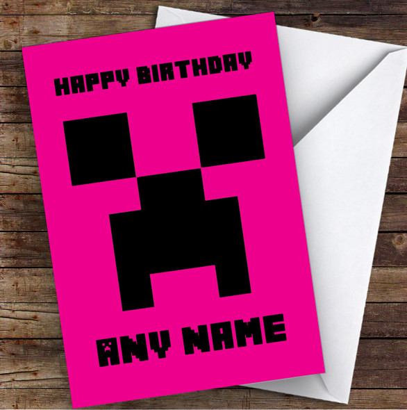 Minecraft Creeper Hot Pink Children's Kids Personalized Birthday Card
