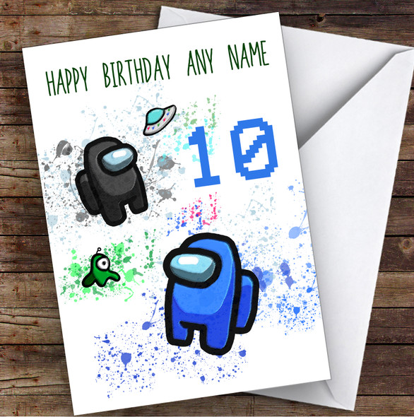 Among Us Black Blue & Pet Splatter Art Children's Kids Birthday Card