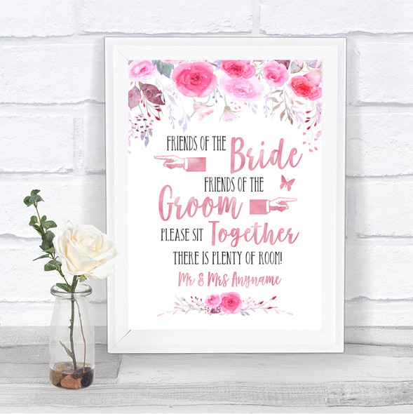 Pink Watercolour Floral Friends Of The Bride Groom Seating Wedding Sign