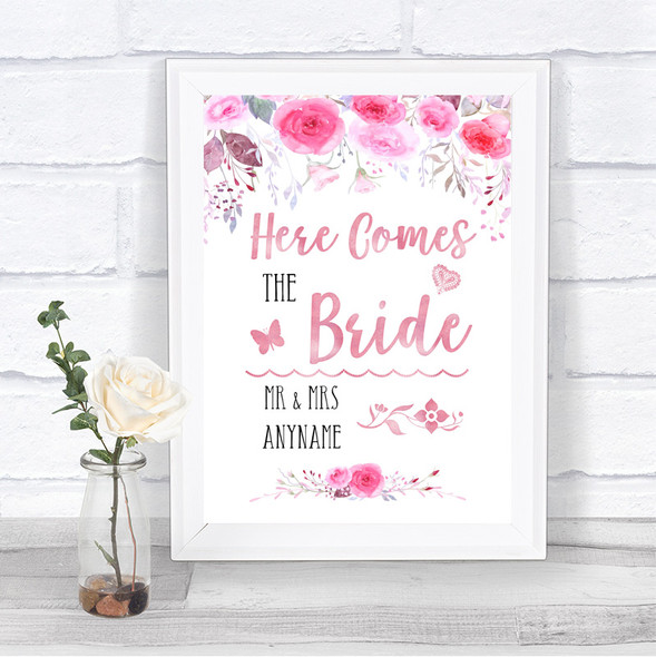 Pink Watercolour Floral Here Comes Bride Aisle Personalized Wedding Sign