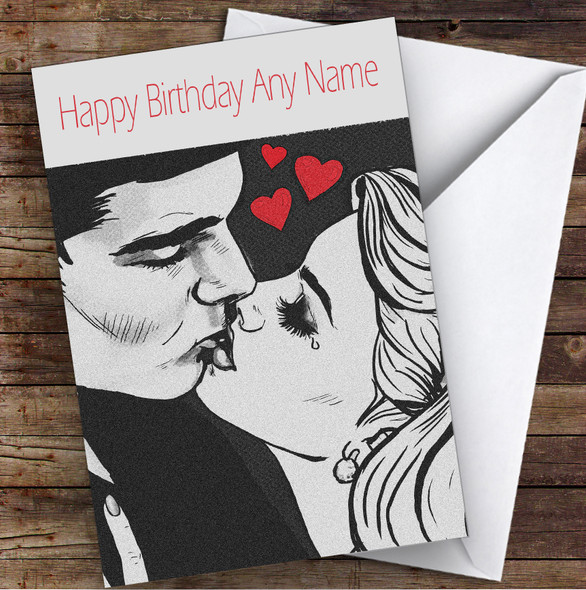 Tearful Lady Kissing Couple Romantic Personalized Birthday Card