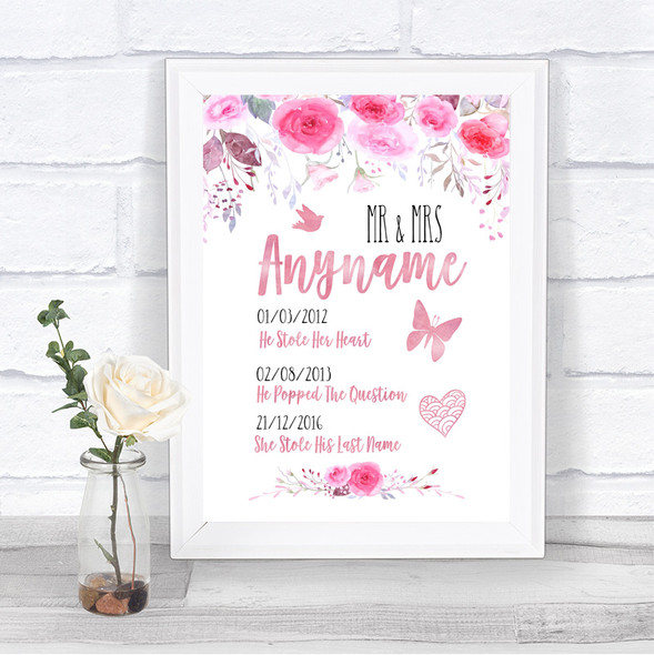 Pink Watercolour Floral Important Special Dates Personalized Wedding Sign