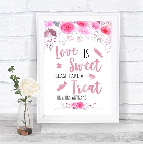 Pink Watercolour Floral Love Is Sweet Take A Treat Candy Buffet Wedding Sign