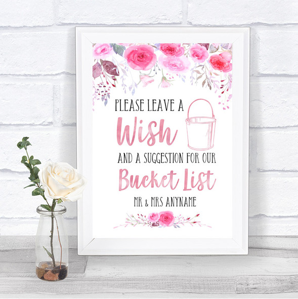 Pink Watercolour Floral Bucket List Personalized Wedding Sign