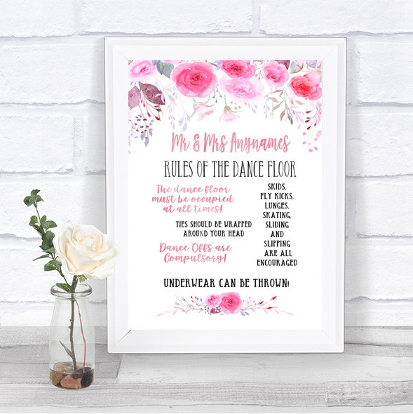 Pink Watercolour Floral Rules Of The Dance Floor Personalized Wedding Sign