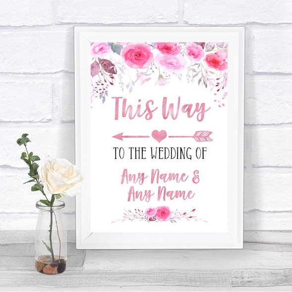 Pink Watercolour Floral This Way Arrow Left Personalized Wedding Sign